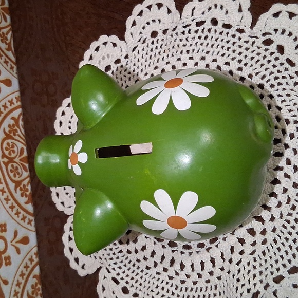 Vintage Green Piggy Bank with Floral Design - Picture 3 of 5
